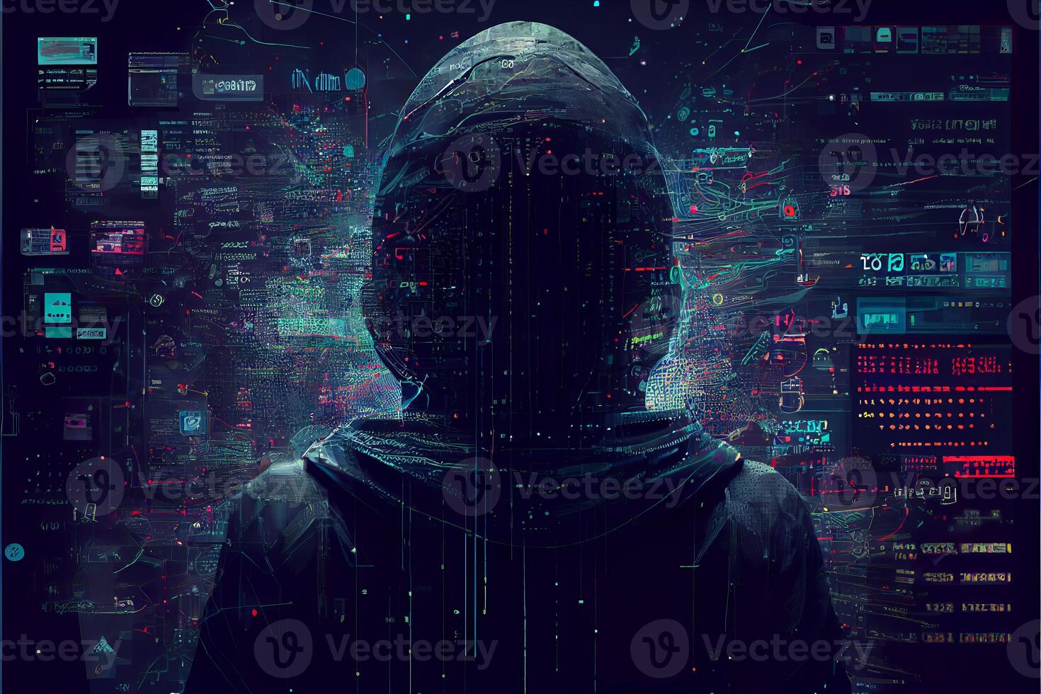 Hacker in virtual world. photo
