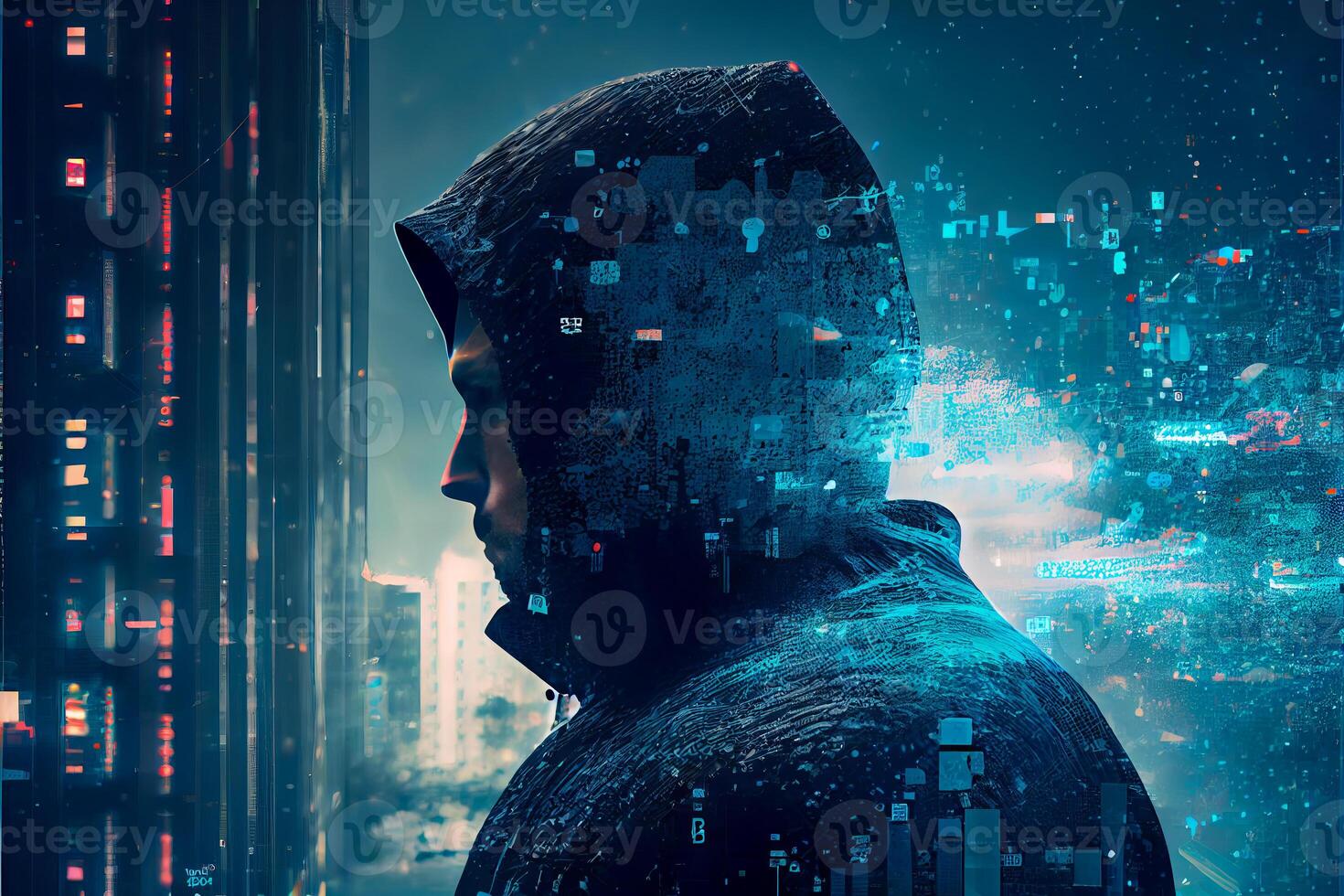 Hacker in virtual world. photo