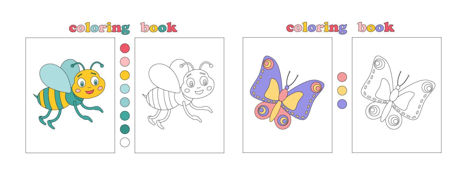 Coloring book page template for kids. Cute hand drawn characters for coloring. Butterfly, bee. Coloring book with flower samples for youngest. Children Education. Vector