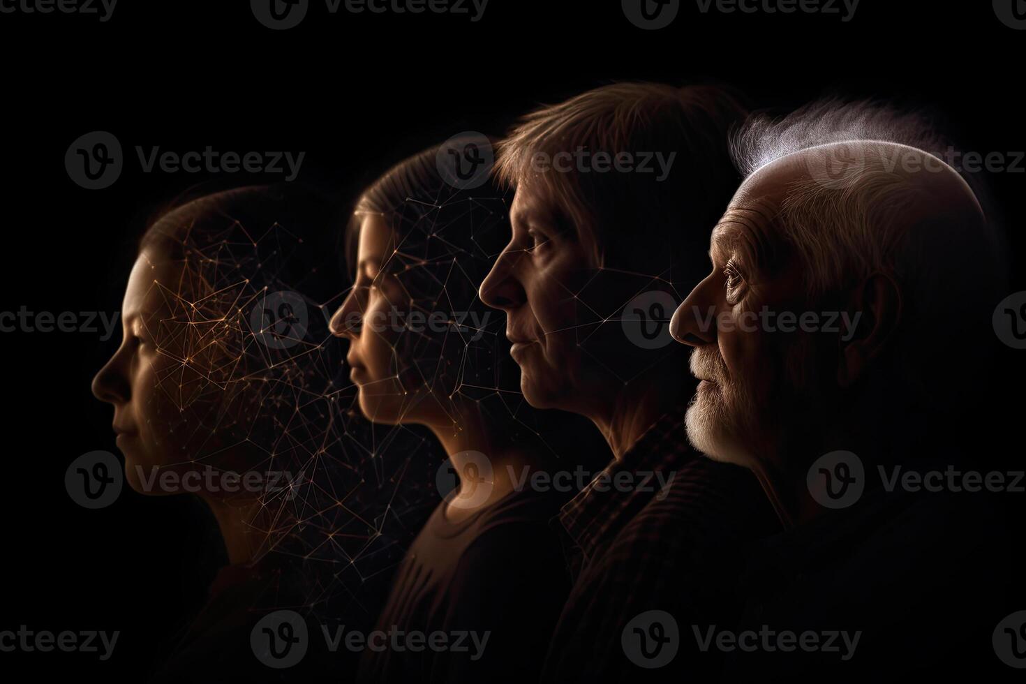 Different generations of family stand together against dark abstract background. photo