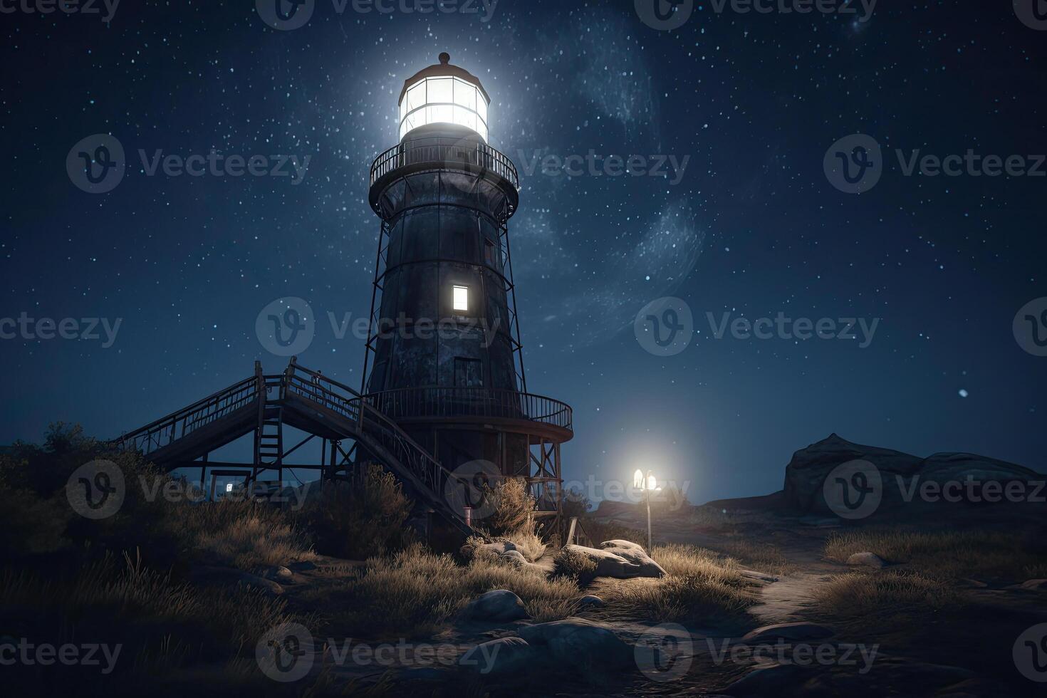 Lighthouse in sea at starry night. Navigation for ships. photo