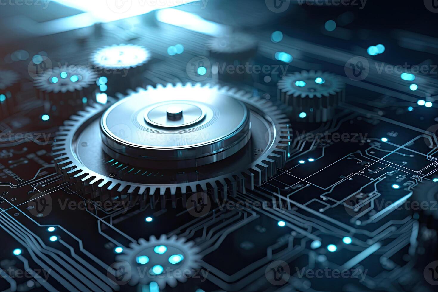 Digital gear wheels on circuit board. High technology engineering. photo