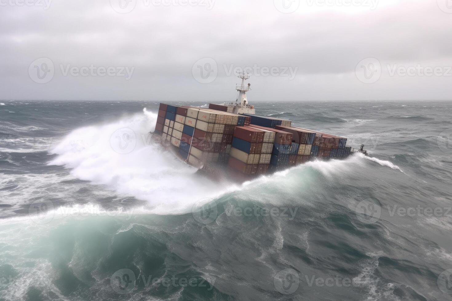 Wrecked cargo ship with conatiners in stormy sea with large waves. photo