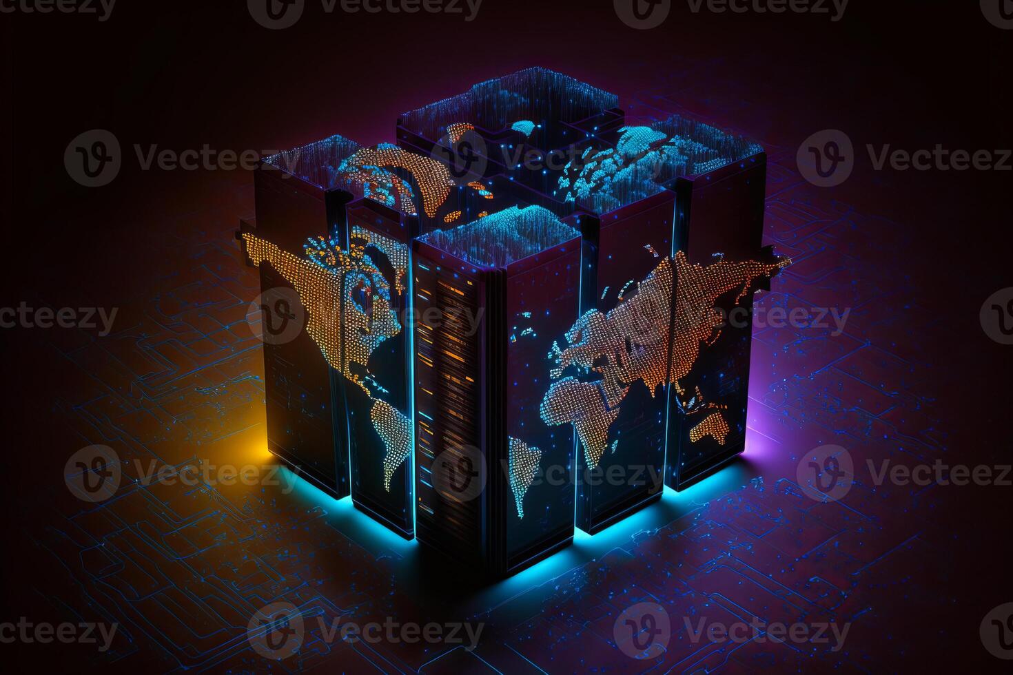 Abstract technology background with data server transfer to global map. photo