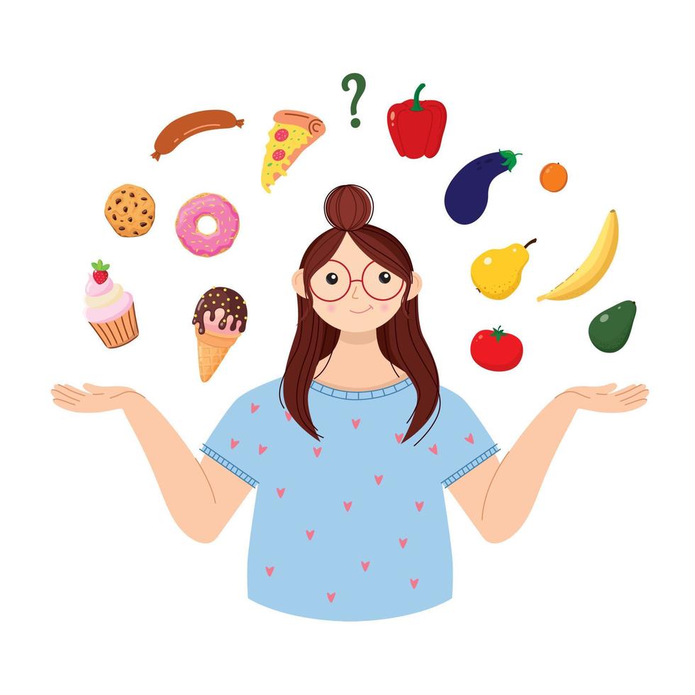 Girl in front of a choice, healthy food or fast food vector