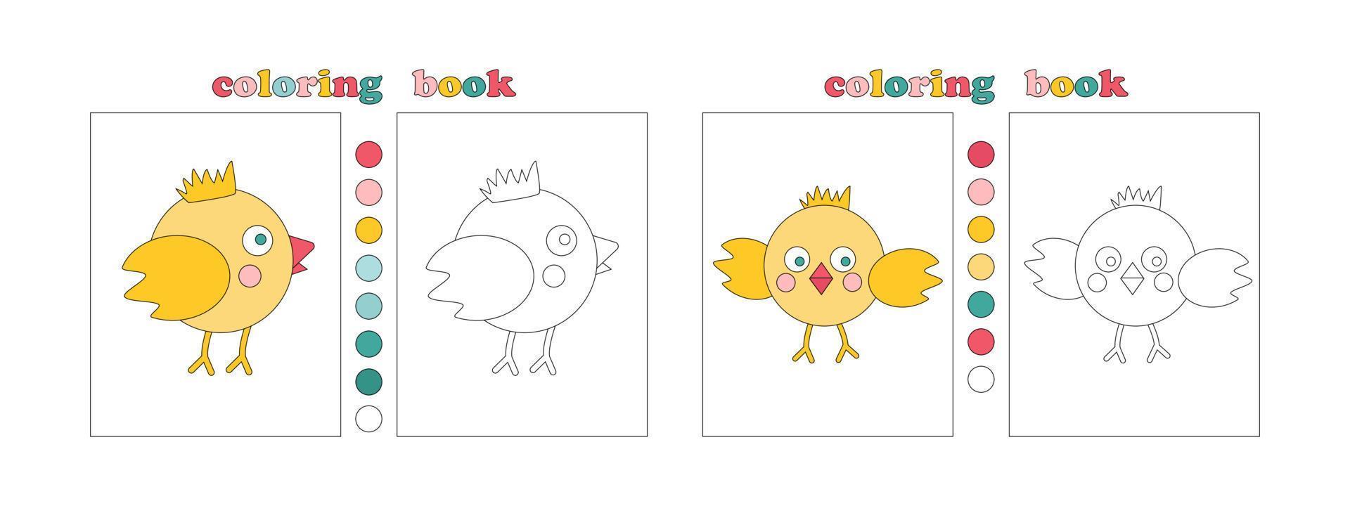 Coloring book page template for kids. Cute hand drawn characters for coloring. Funny yellow chickens. Coloring book with flower samples for youngest. Children Education. Vector illustration