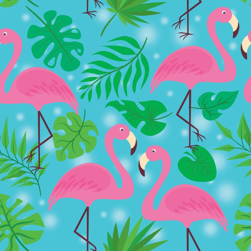 Vector pattern with flamingos and palm leaves on a blue background