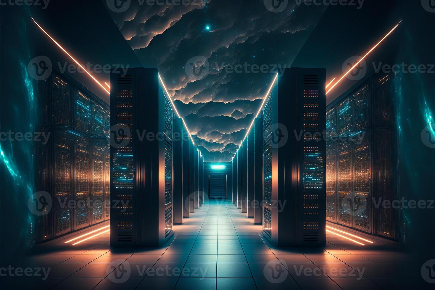 Server room data center with cinematic lighting. photo