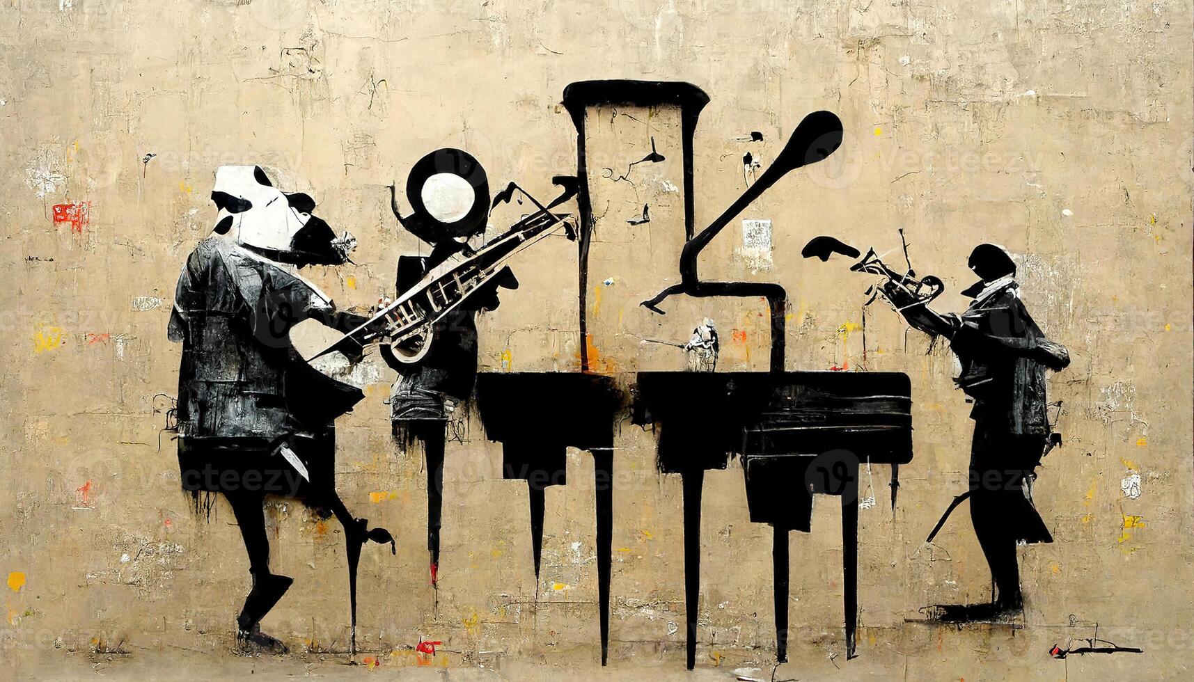 , Street art with keys and musical instruments silhouettes. Ink graffiti art on a textured paper vintage background, inspired by Banksy photo