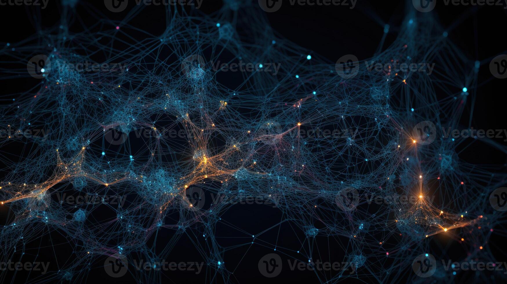 , Conceptual illustration of neuron cells with glowing link knots in abstract dark space, high resolution. Human nervous system, neural network photo