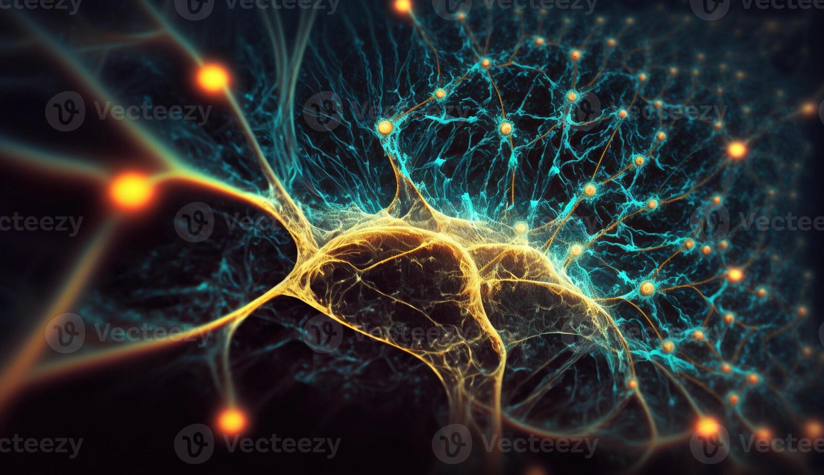 , Conceptual illustration of neuron cells with glowing link knots in abstract dark space, high resolution. Human nervous system, neural network photo