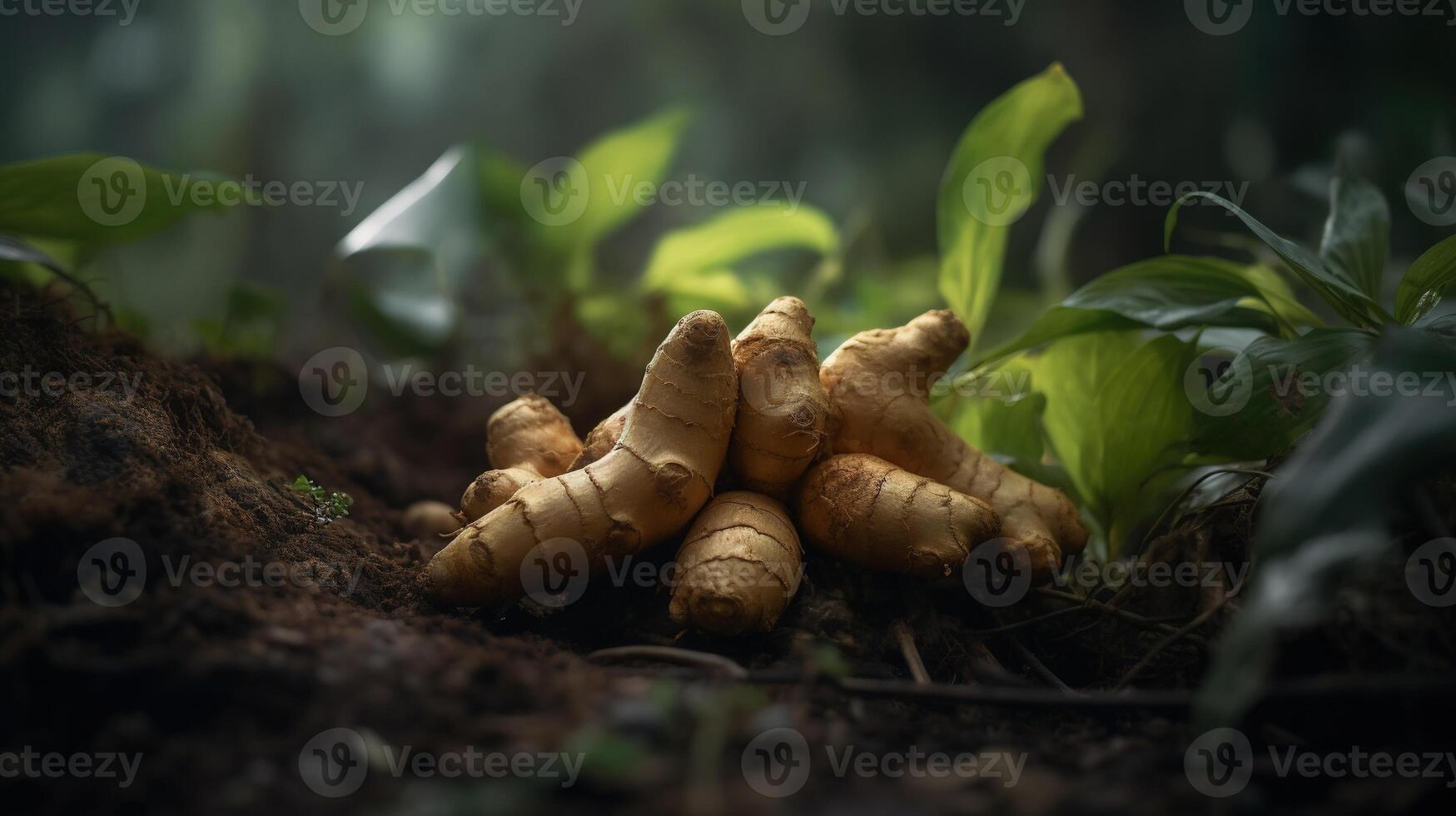 , ginger root spice photorealistic illustartion on dark background. photo