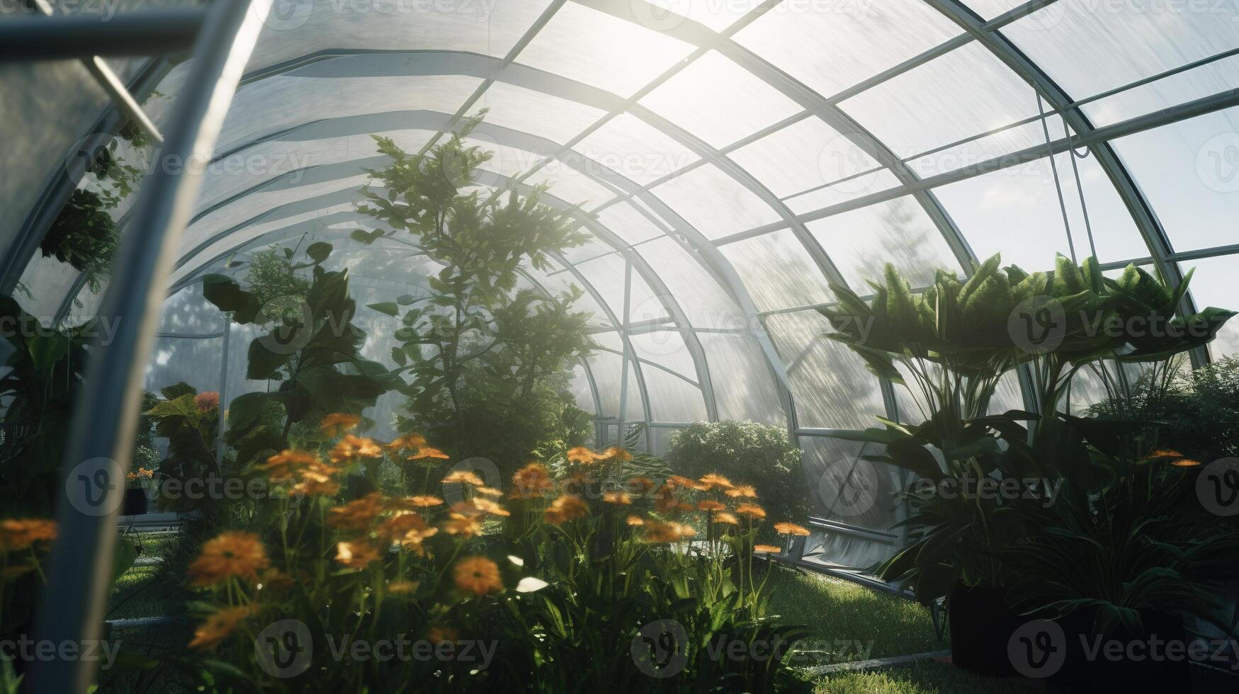 , Green house from the glass, tent-glass garden with a lot of plants. Photorealistic effect. photo