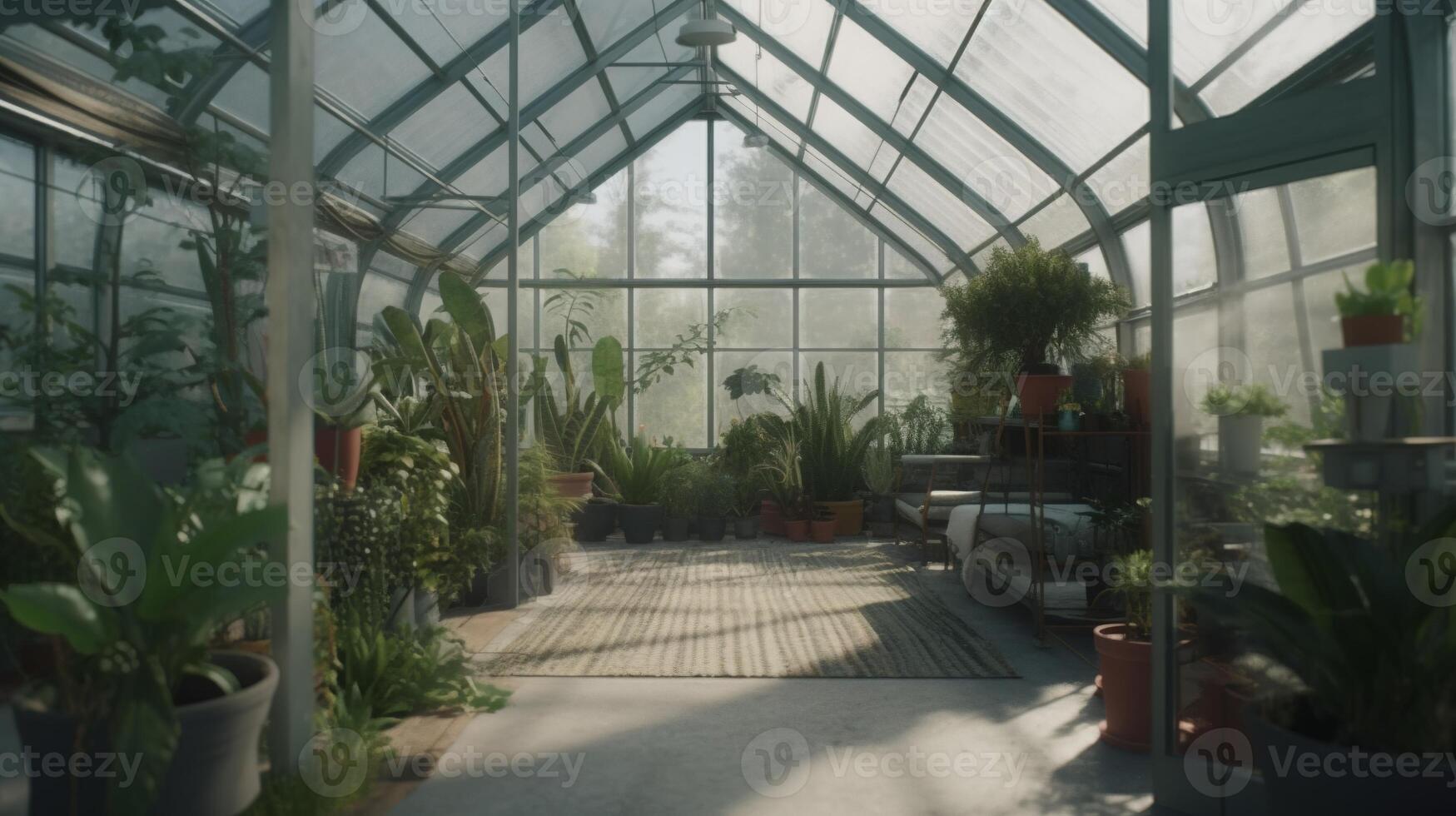 , Green house from the glass, tent-glass garden with a lot of plants. Photorealistic effect. photo