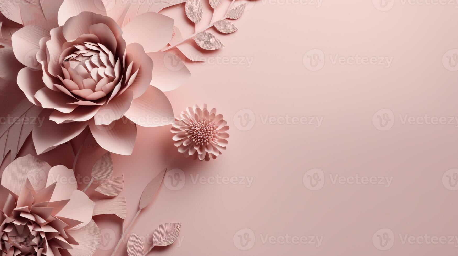 , Paper cut craft flowers and leaves, light pink color, floral origami textured background, spring mood. Photorealistic effect. photo