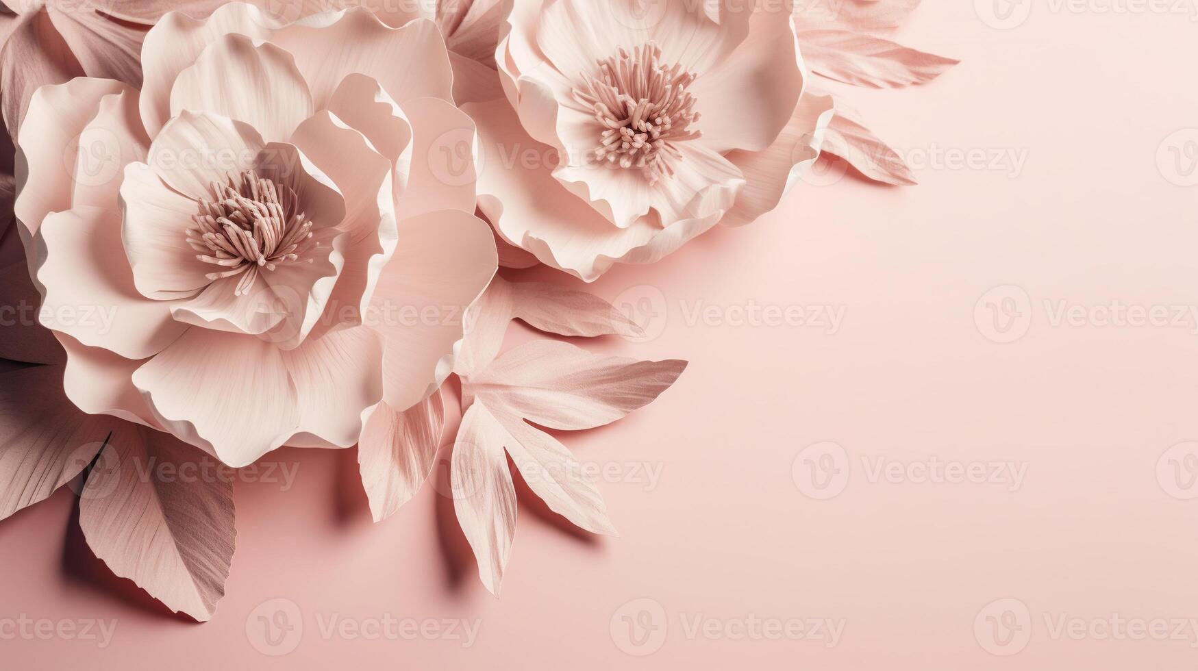 , Paper cut craft flowers and leaves, light pink color, floral origami textured background, spring mood. Photorealistic effect. photo