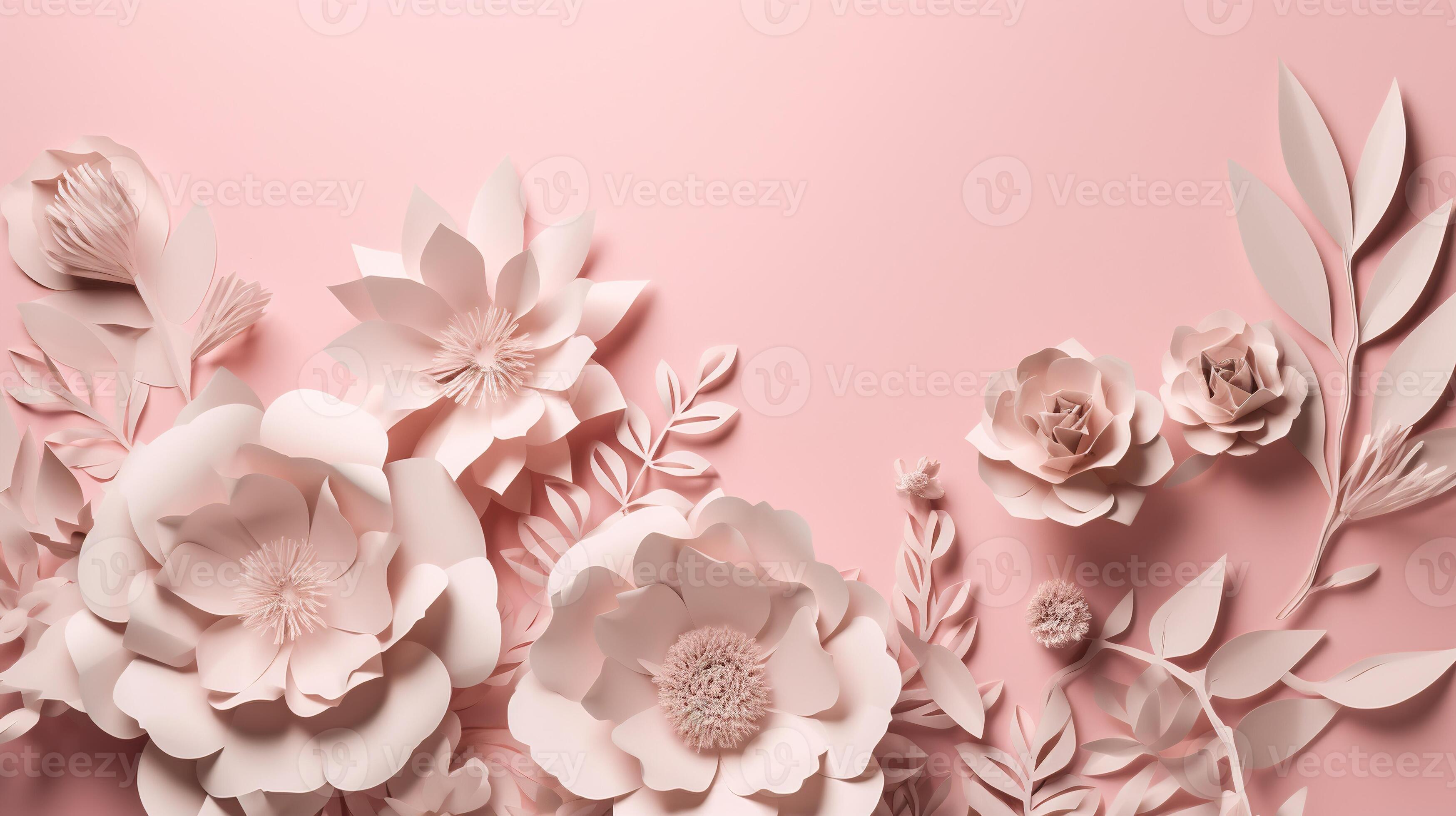 Generative AI, Paper Cut Craft Flowers and Leaves, Light Pink Color, Floral  Origami Textured Background, Spring Mood. Stock Illustration - Illustration  of frame, flower: 273960635