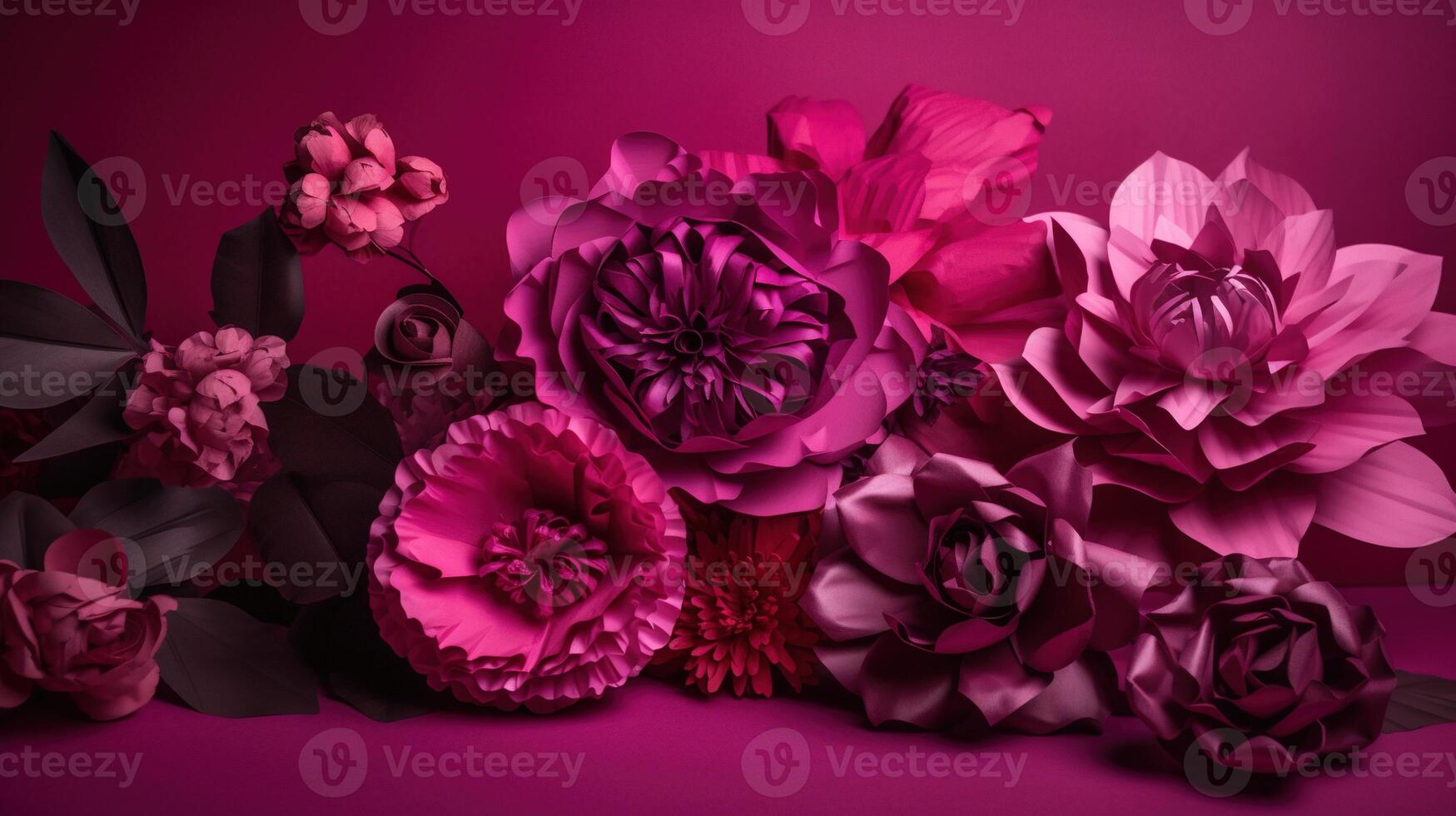 , Paper cut craft flowers and leaves, viva magenta color, floral origami textured background, spring mood. Photorealistic effect. photo
