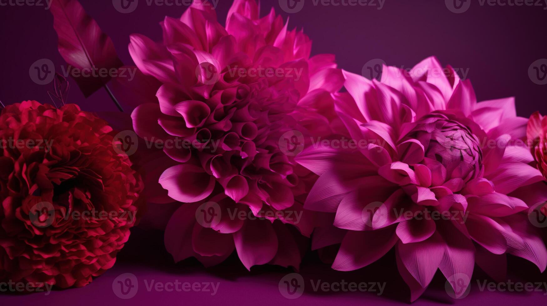 , Paper cut craft flowers and leaves, viva magenta color, floral origami textured background, spring mood. Photorealistic effect. photo