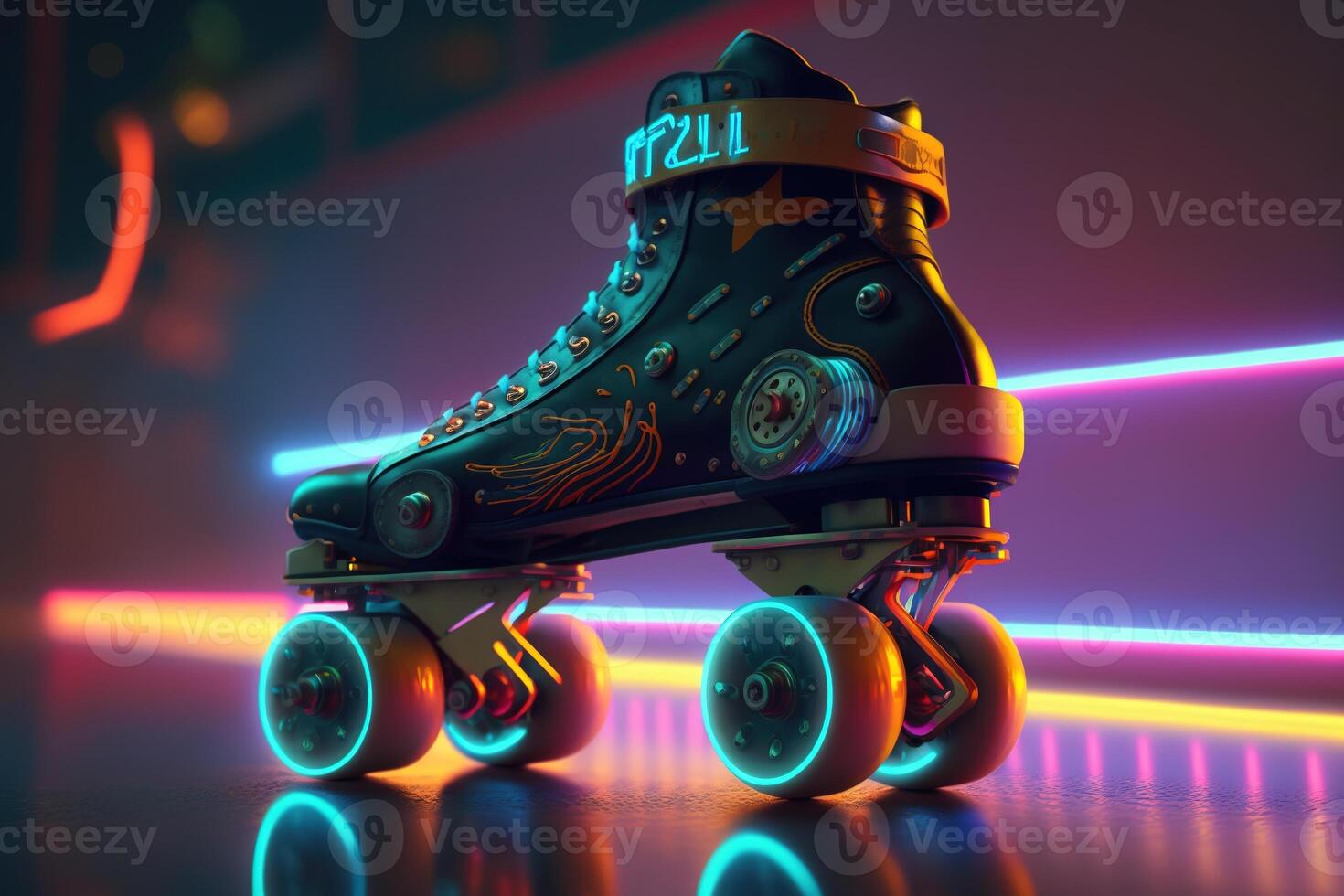 , Roller skate in cyberpunk style, disco nostalgic 80s, 90s. Neon night lights vibrant colors, photorealistic horizontal illustration of the futuristic city. Sport activity concept. photo