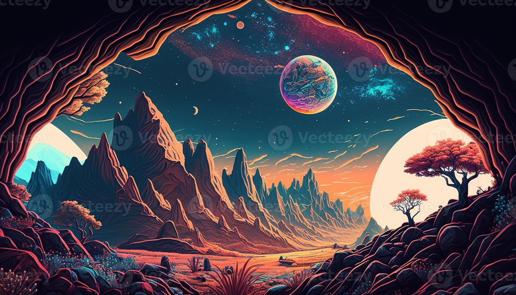 , Alien planet landscape. Psychedelic Space banner template, background. Horizontal illustration of the future with mountains, planets, trees, moon. Surrealist escapism. photo