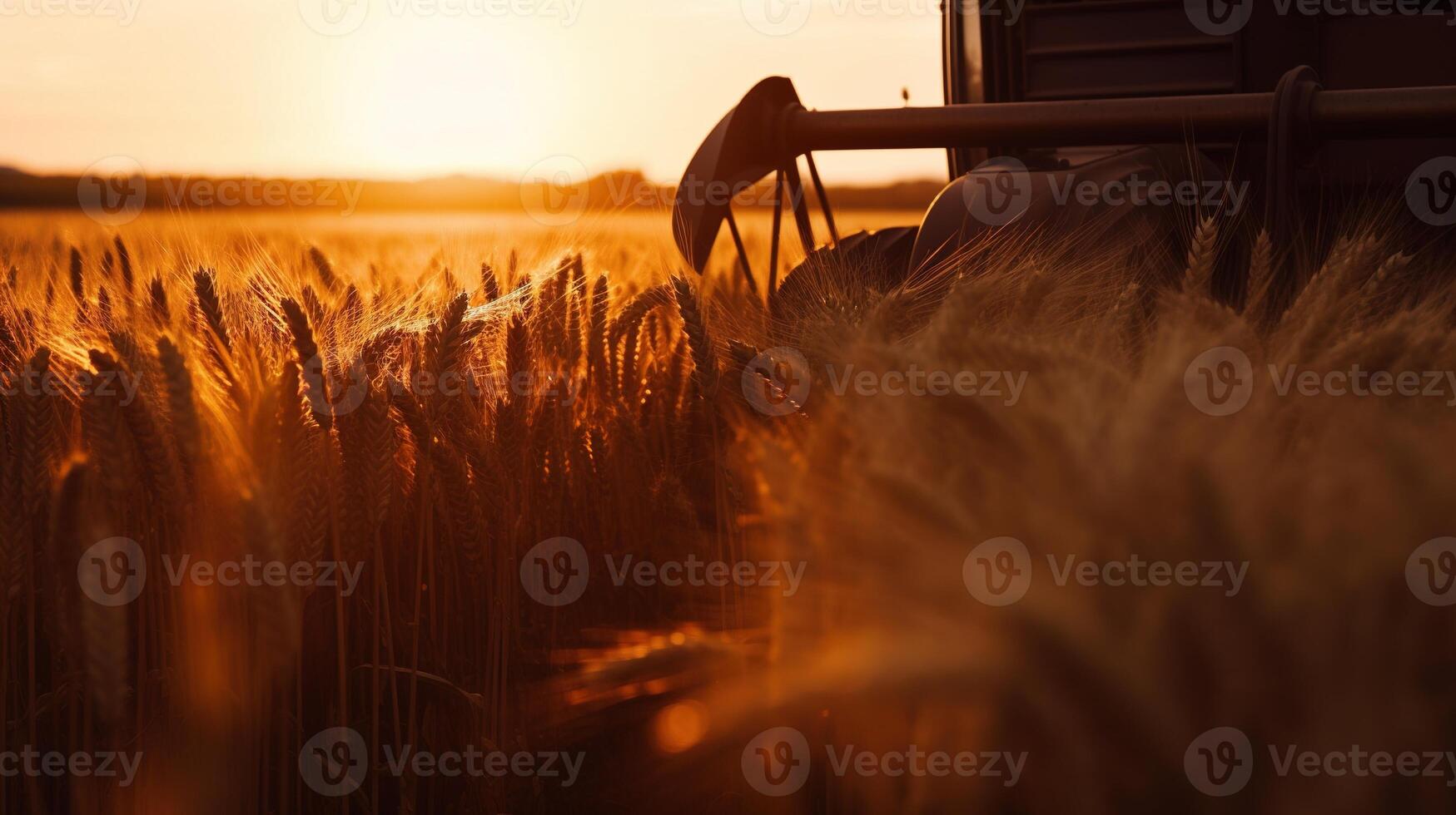 generativo ai, de cerca moderno combinar segador en un trigo campo, granja paisaje, agrícola hermosa campo. naturaleza ilustración, fotorrealista horizontal bandera. foto