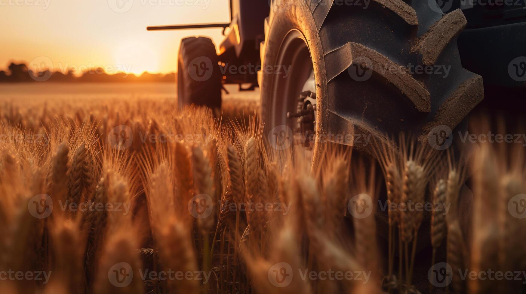 , closeup modern combine harvester on a wheat field, farm landscape, agricultural beautiful countryside. Nature Illustration, photorealistic horizontal banner. photo