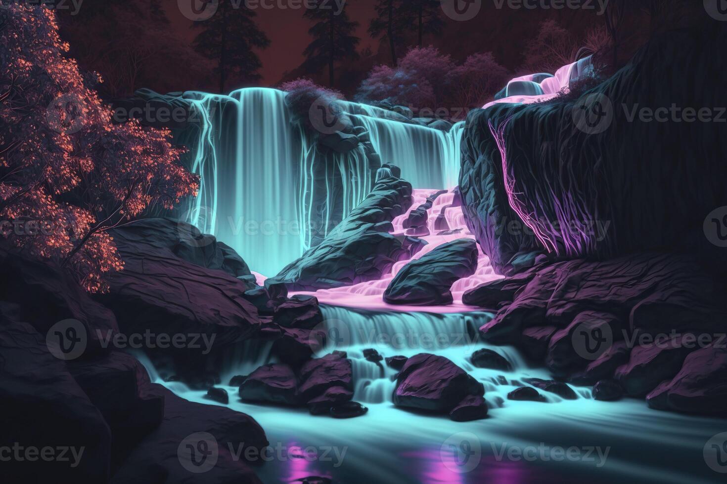 Neon waterfall. Water illuminated by multicolored light. . photo