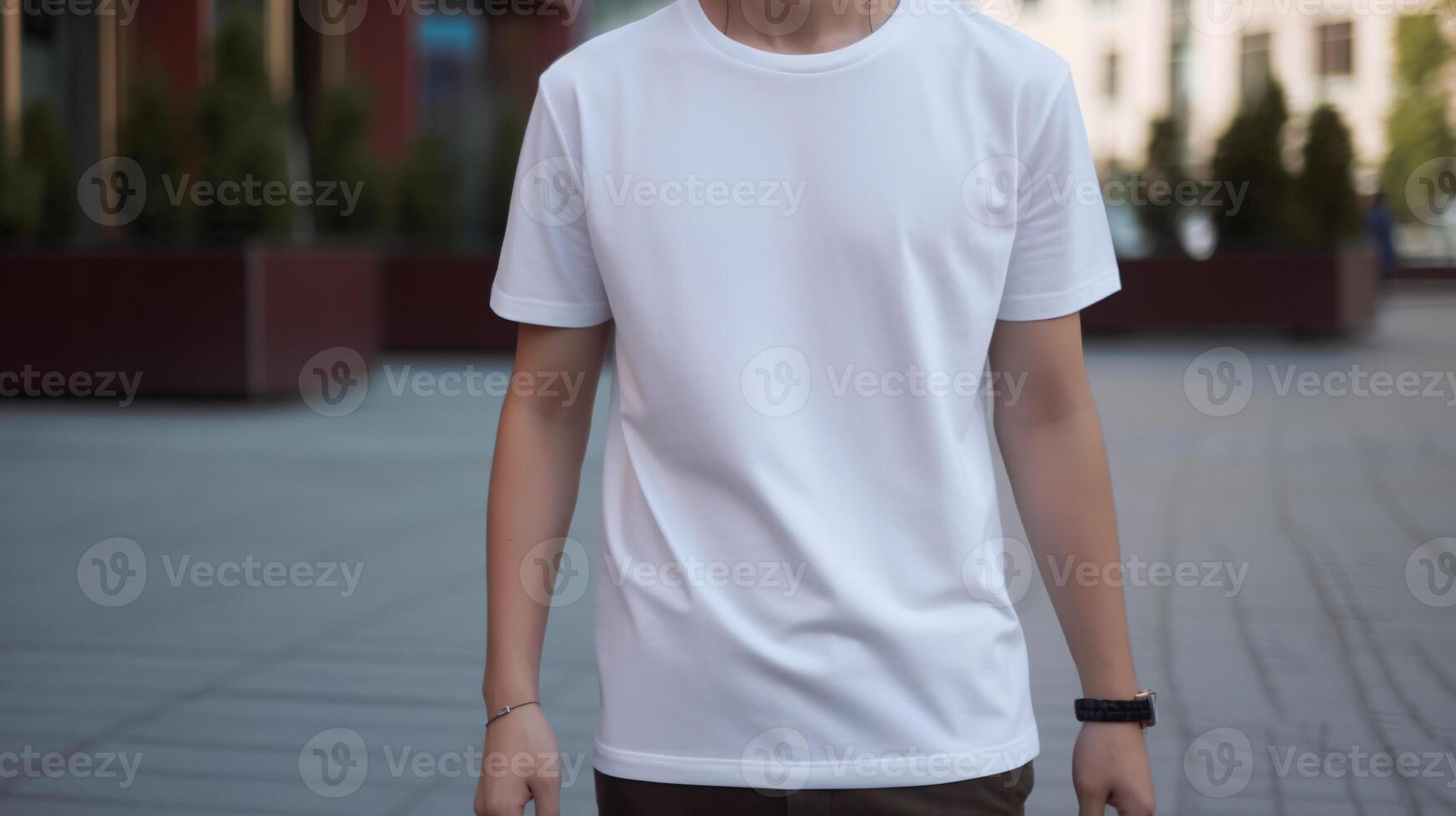 , Realistic white T-Shirt mock up blank put on young man, copyspace for presentation advertising. Blank business concept photo