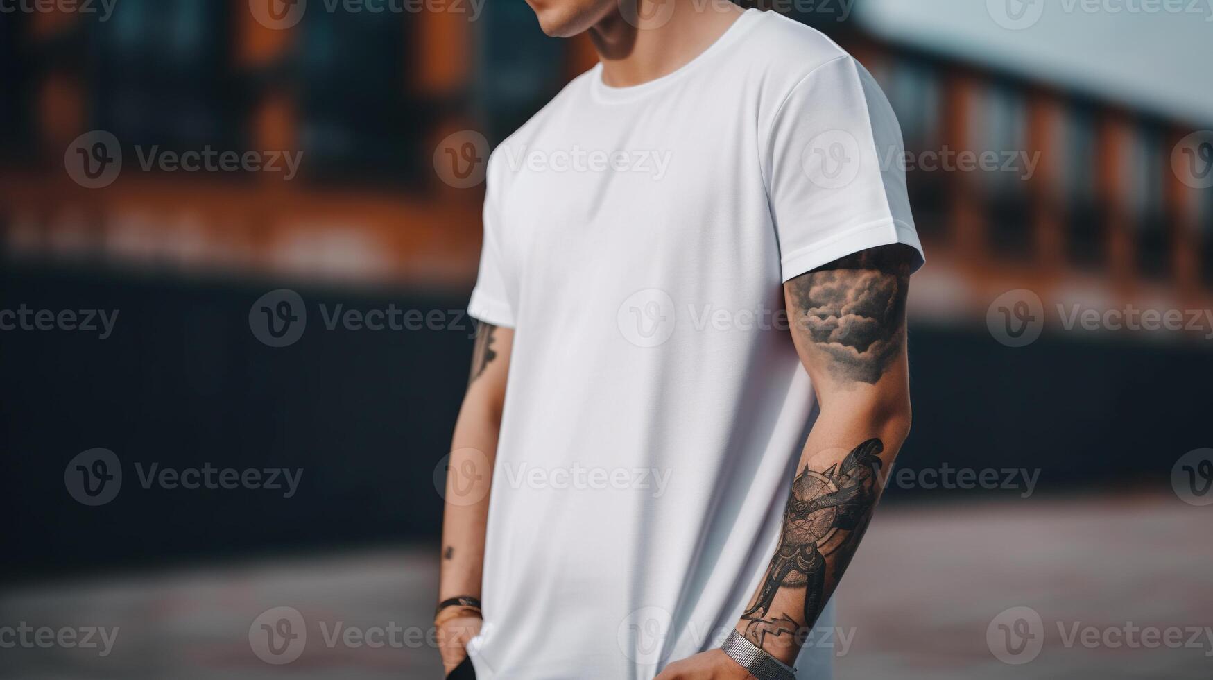 , Realistic white T-Shirt mock up blank put on young man, copyspace for presentation advertising. Blank business concept photo