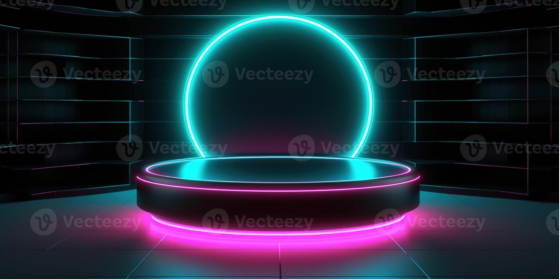 , Sci-Fi Futuristic neon glowing banner with podium. Abstract cyberpunk background for promotion goods. Mockup template photo