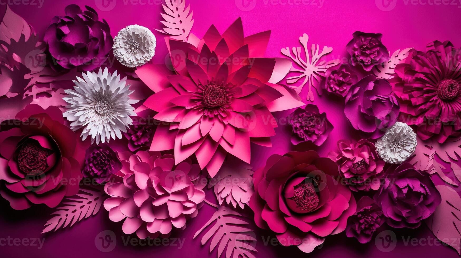 , Paper cut craft flowers and leaves, viva magenta color, floral origami textured background, spring mood. Photorealistic effect. photo