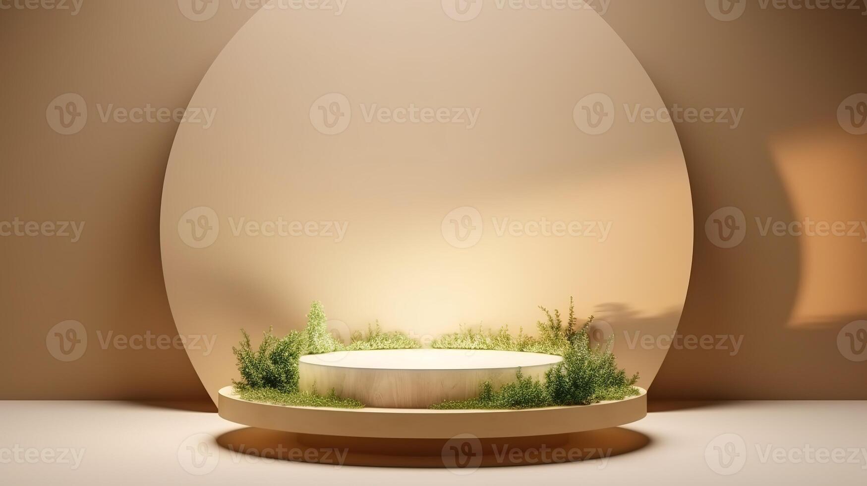 , product beige minimal scene with geometric podium platform and moss plants, mock up stand for cosmetic products. photo
