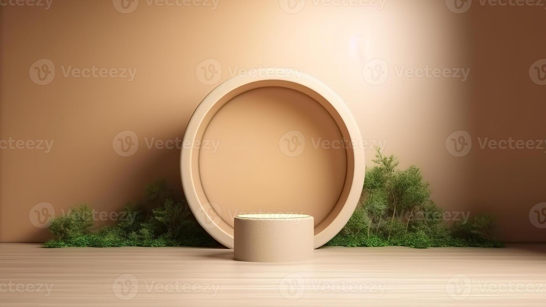 , product beige minimal scene with geometric podium platform and moss plants, mock up stand for cosmetic products. photo