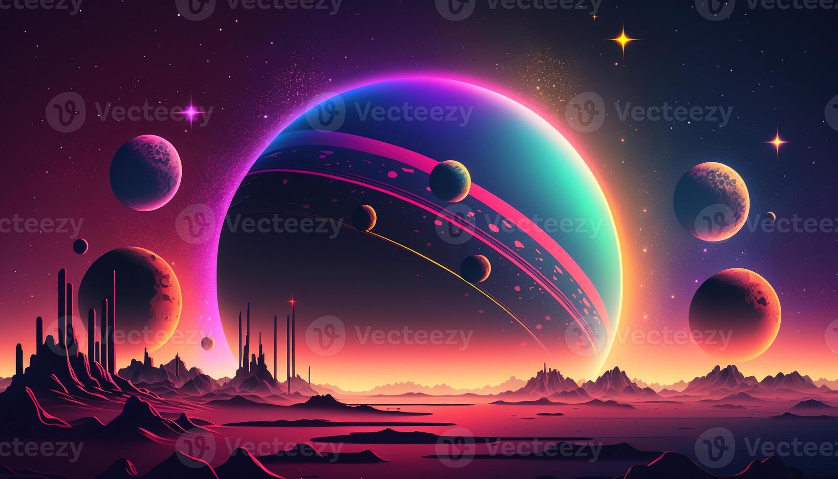 , Alien planet landscape. Psychedelic Space banner template, background. Horizontal illustration of the future with mountains, planets, trees, moon. Surrealist escapism. photo