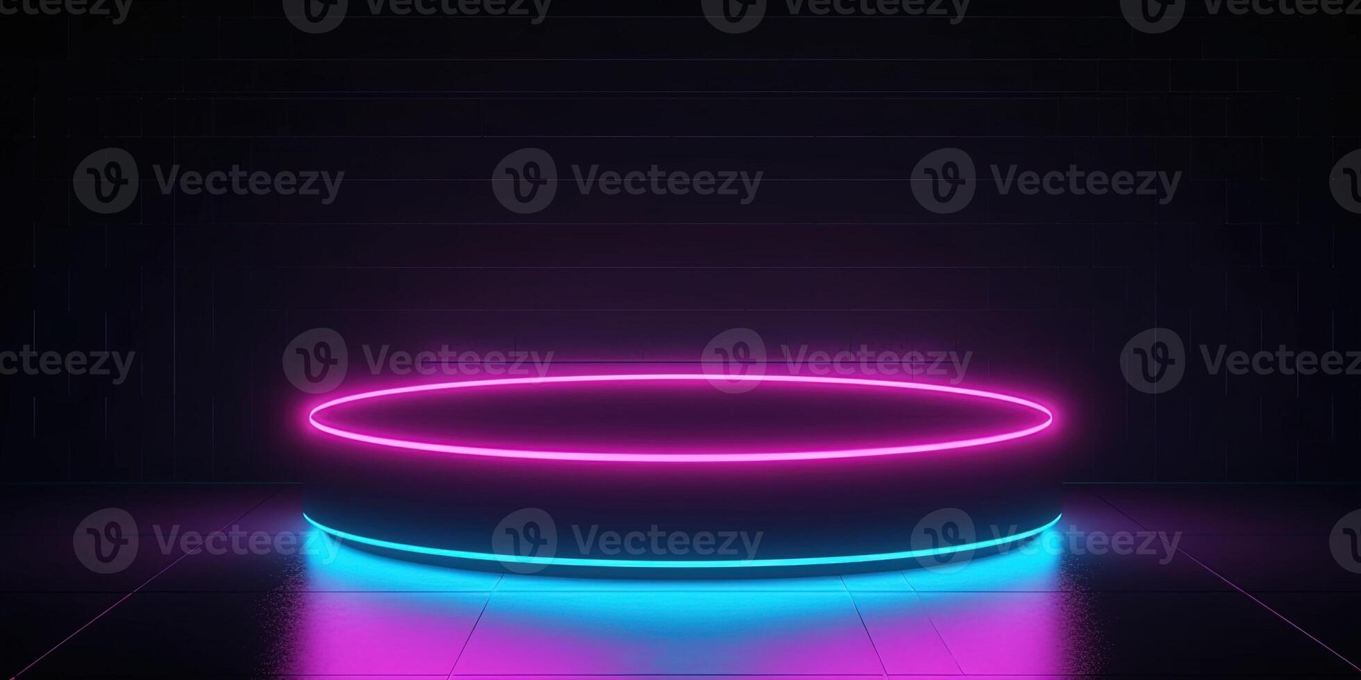 , Sci-Fi Futuristic neon glowing banner with podium. Abstract cyberpunk background for promotion goods. Mockup template photo
