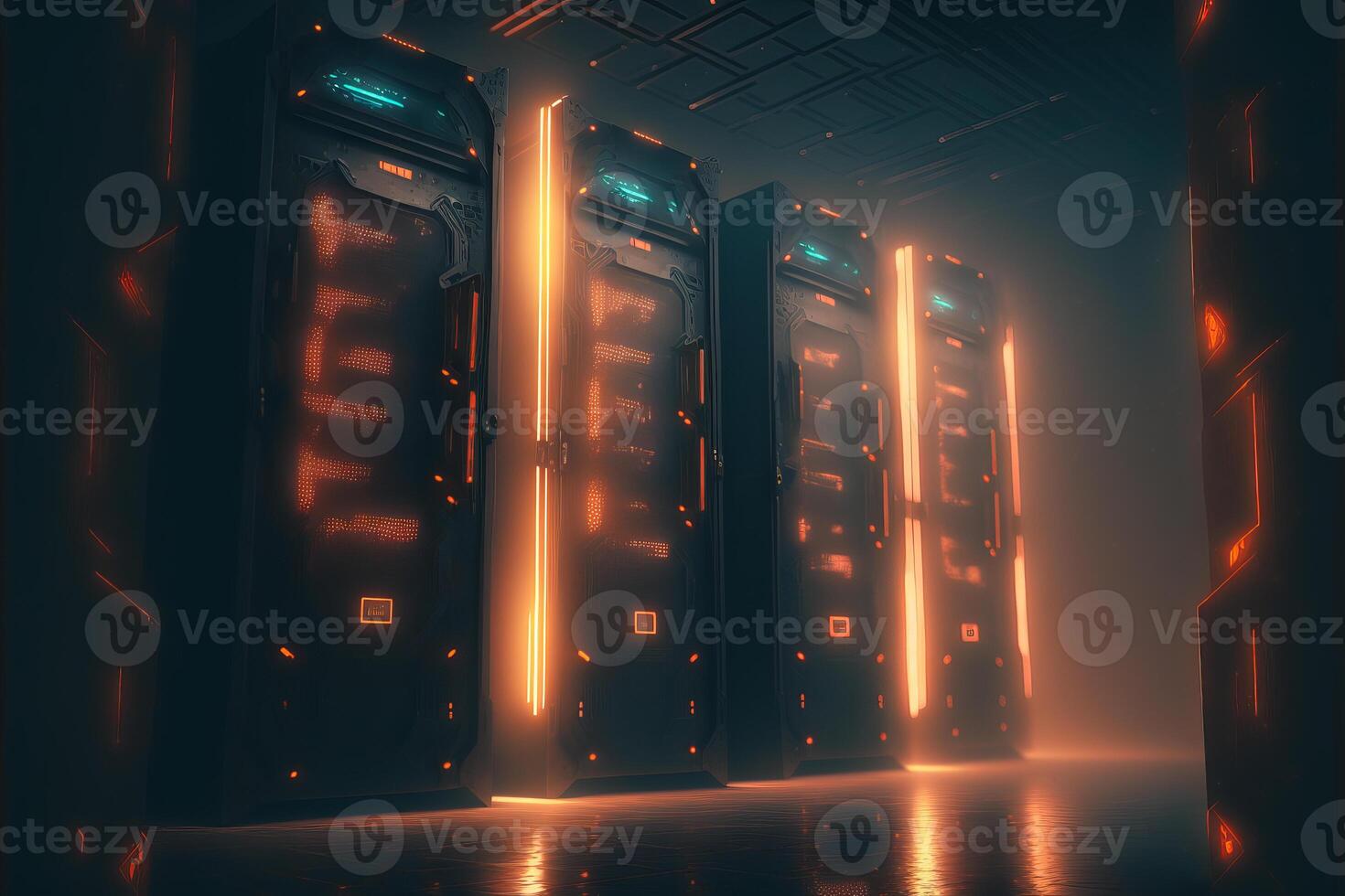 Server room data center with cinematic lighting. photo