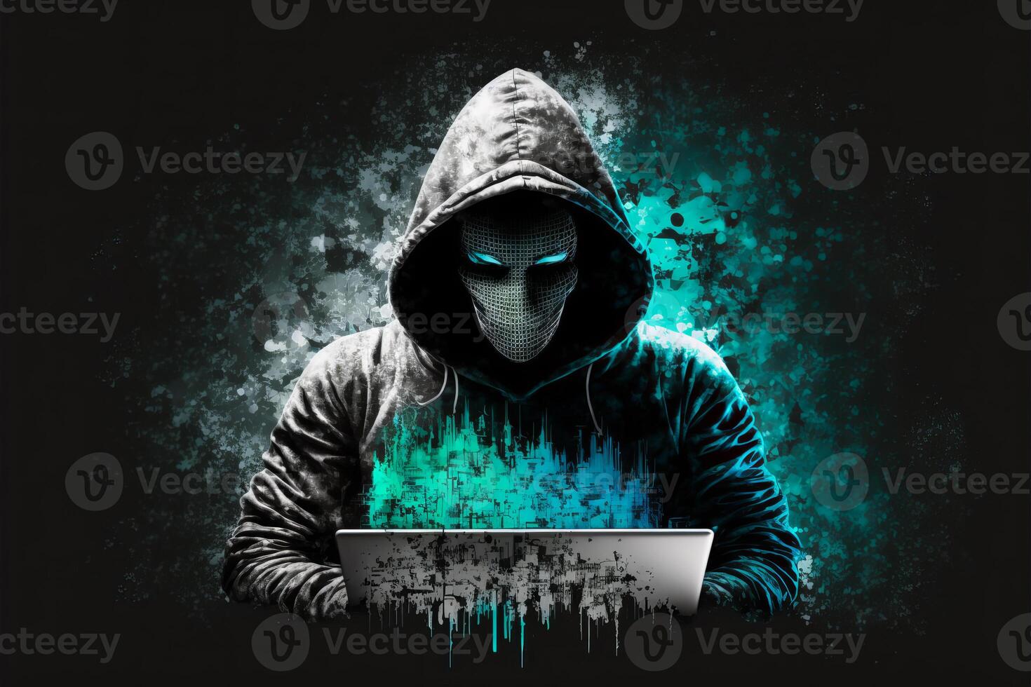 Hacker using computer in virtual world. photo