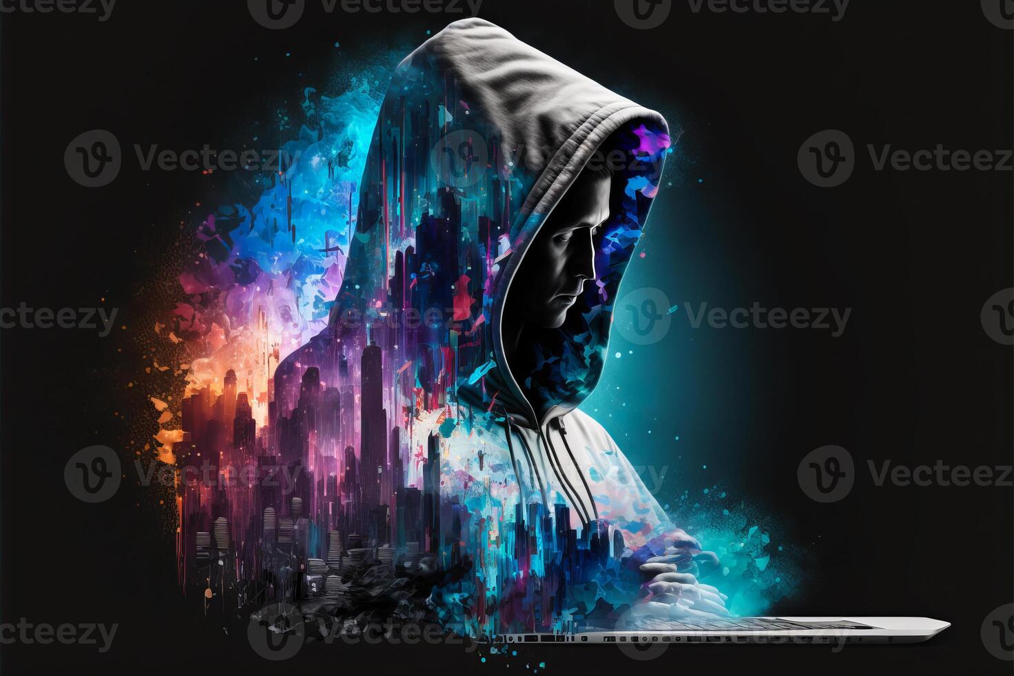 Hacker in virtual world. photo