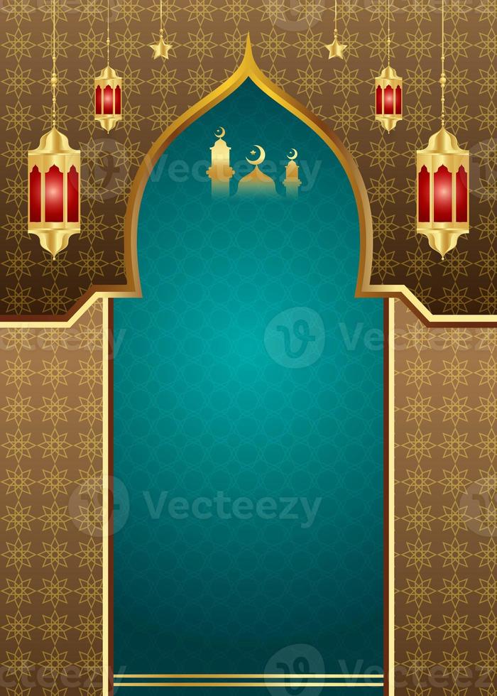 Eid mubarak Eid al-Adha cover card, Drawn mosque night view from arch. Arabic design background. Handwritten greeting card. Vector illustration photo