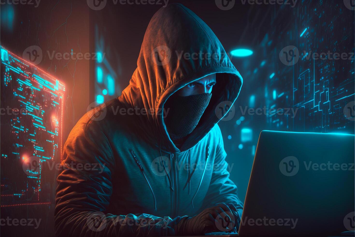 Hacker using computer in virtual world. photo