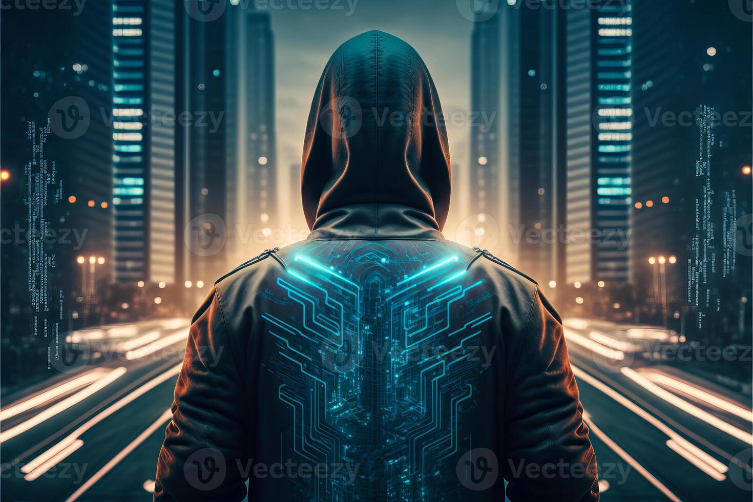 Hacker in virtual world. photo