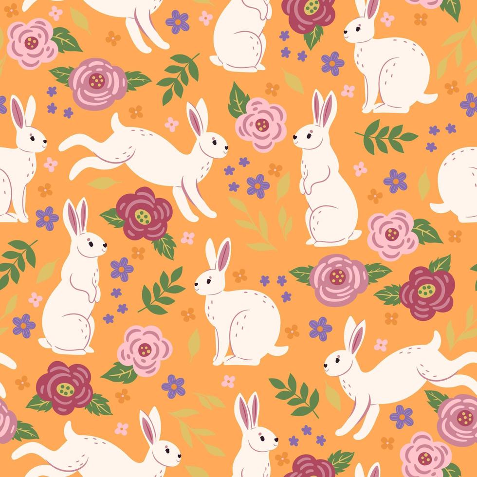 Seamless pattern with cute rabbits and flowers. Vector graphics.