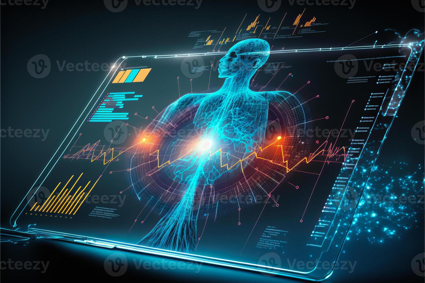 Healthcare hologram display on digital tablet, medical technology concept. photo