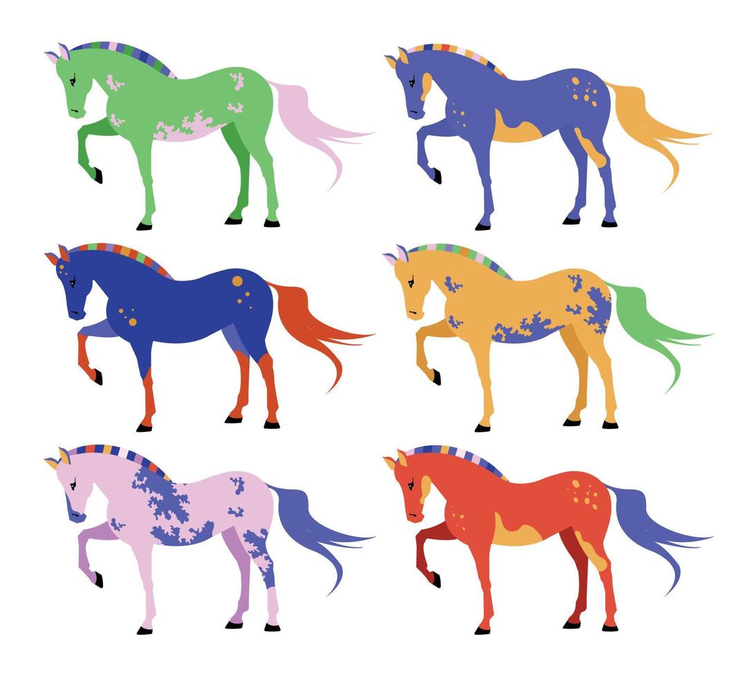 colección de diferente color caballos aislado en blanco antecedentes. conjunto de magnífico Doméstico caballos. vistoso plano dibujos animados estilo ilustración vector