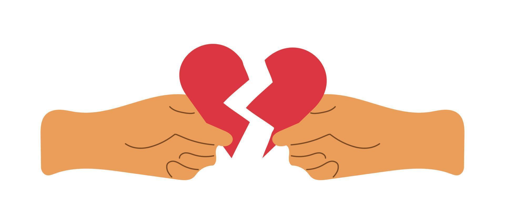 Red broken heart in hands. Reconciliation concept vector