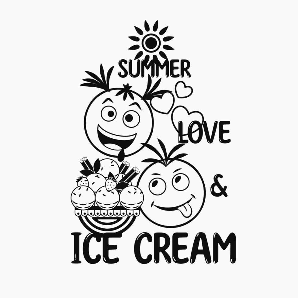 Funny monochrome label with ice cream sandae, crazy emoji love couple, text Love, Summer, Ice Cream. Simple minimal style, white background. For prints, clothing, t shirt design vector