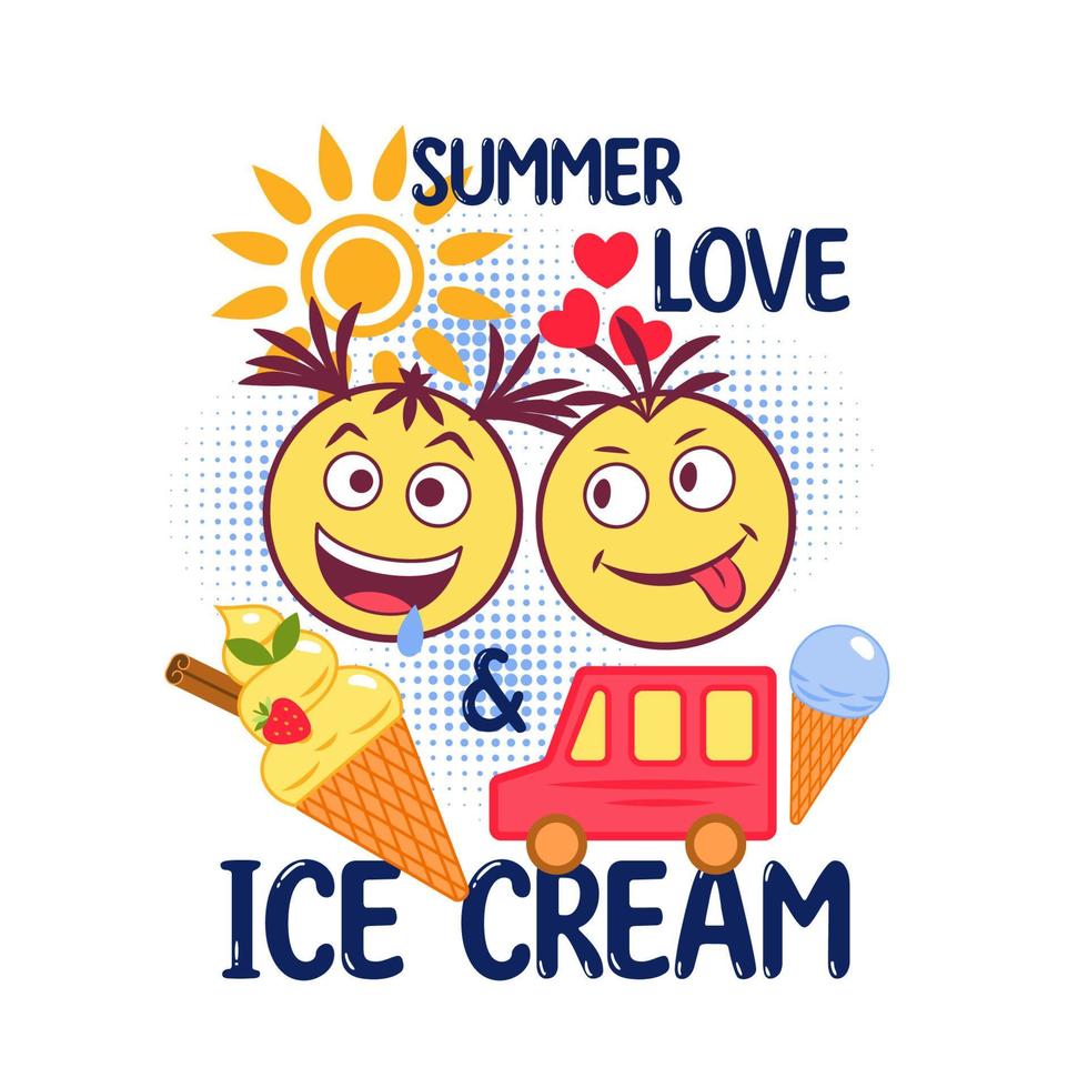 Funny colorful label with ice cream cone, food truck, crazy emoji love couple, text Love, Summer, Ice Cream, round halftone shapes. Simple minimal style. For prints, clothing, t shirt design vector