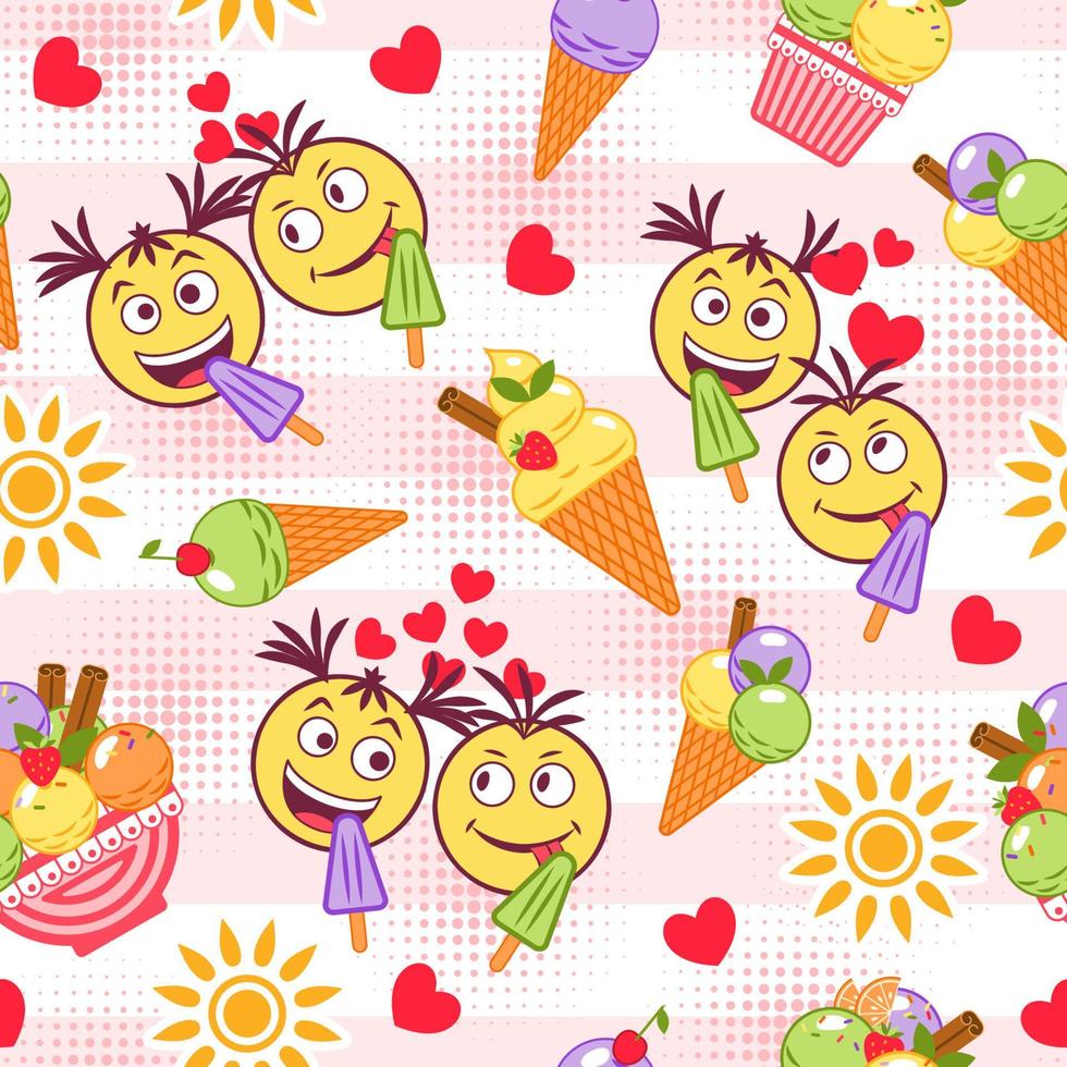 Funny colorful pattern with ice cream, crazy emoji love couple, sun icon, halftone shapes, hearts. Simple minimal style. For prints, clothing, t shirt design vector