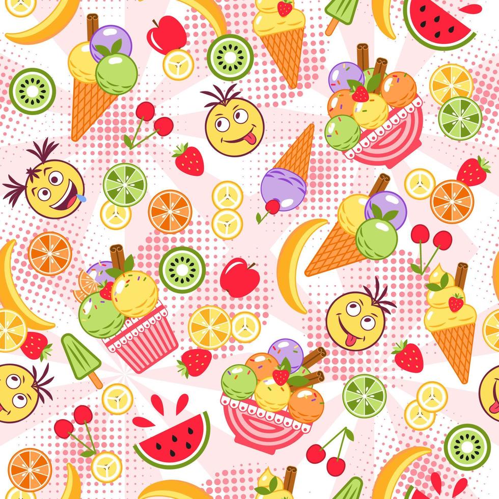 Funny colorful pattern with ice cream, fruits, crazy emoji kids, round halftone shapes, radial background. Simple minimal style. For prints, clothing, surface design vector